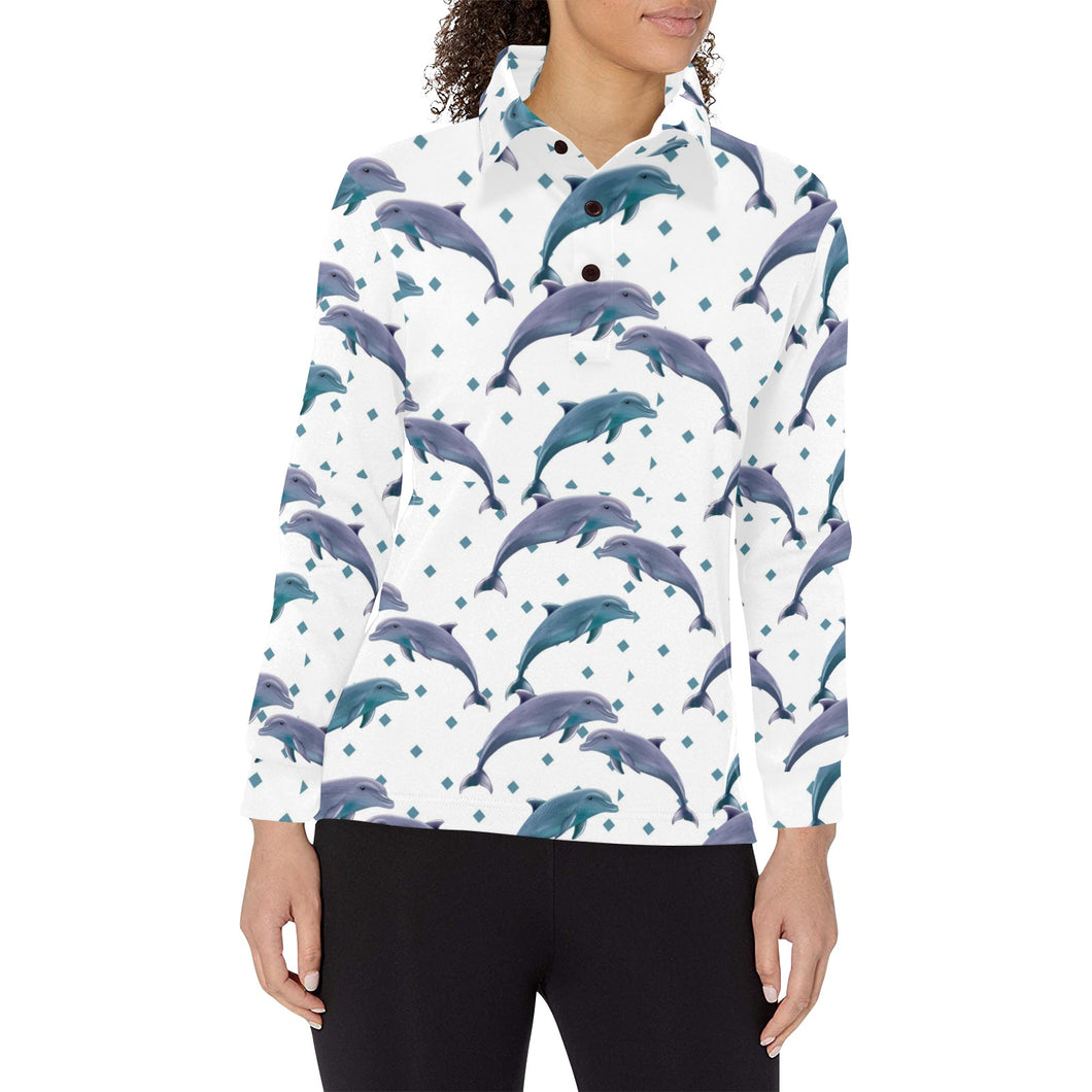 Dolphins pattern dotted background Women's Long Sleeve Polo Shirt