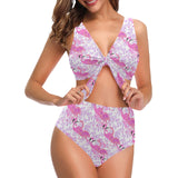 Pink flamingo flower pattern Chest Bowknot High Waisted Bikini Swimsuit