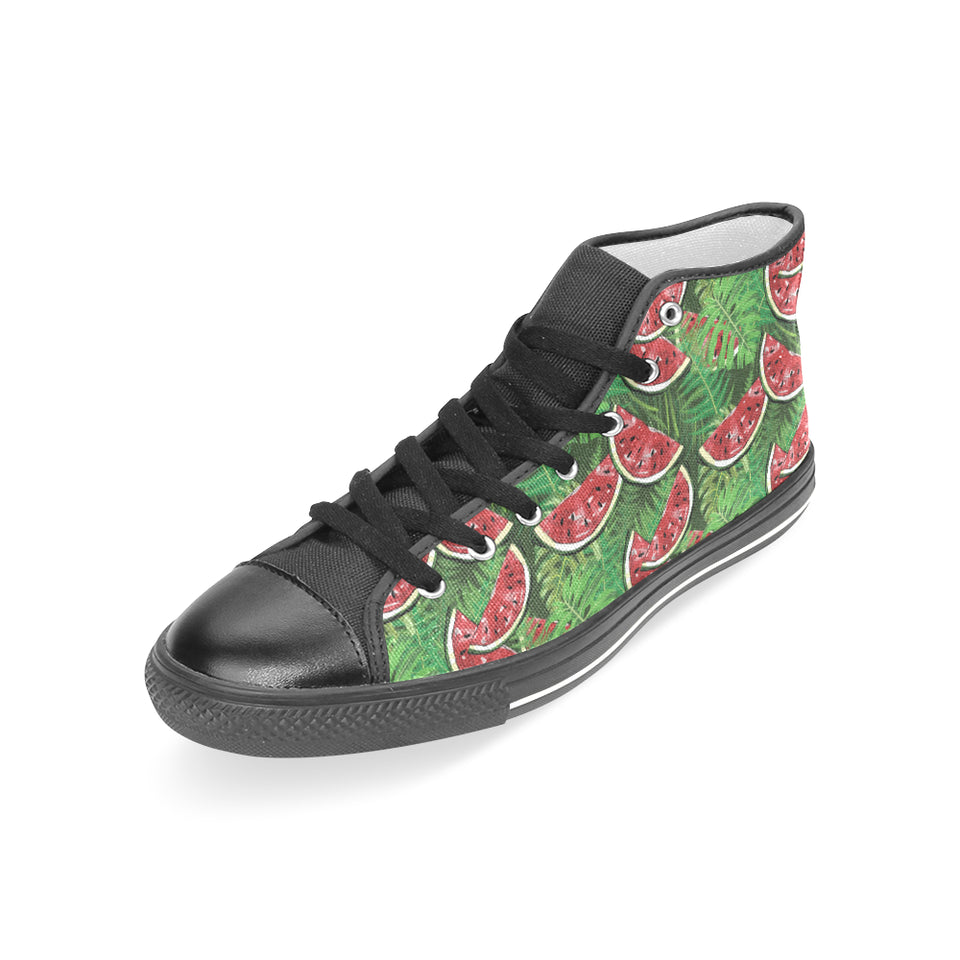 Watermelons tropical palm leaves pattern backgroun Women's High Top Canvas Shoes Black