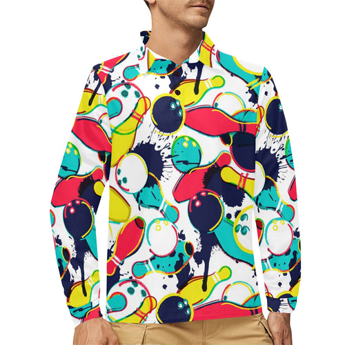 watercolor bowling ball pins Men's Long Sleeve Polo Shirt
