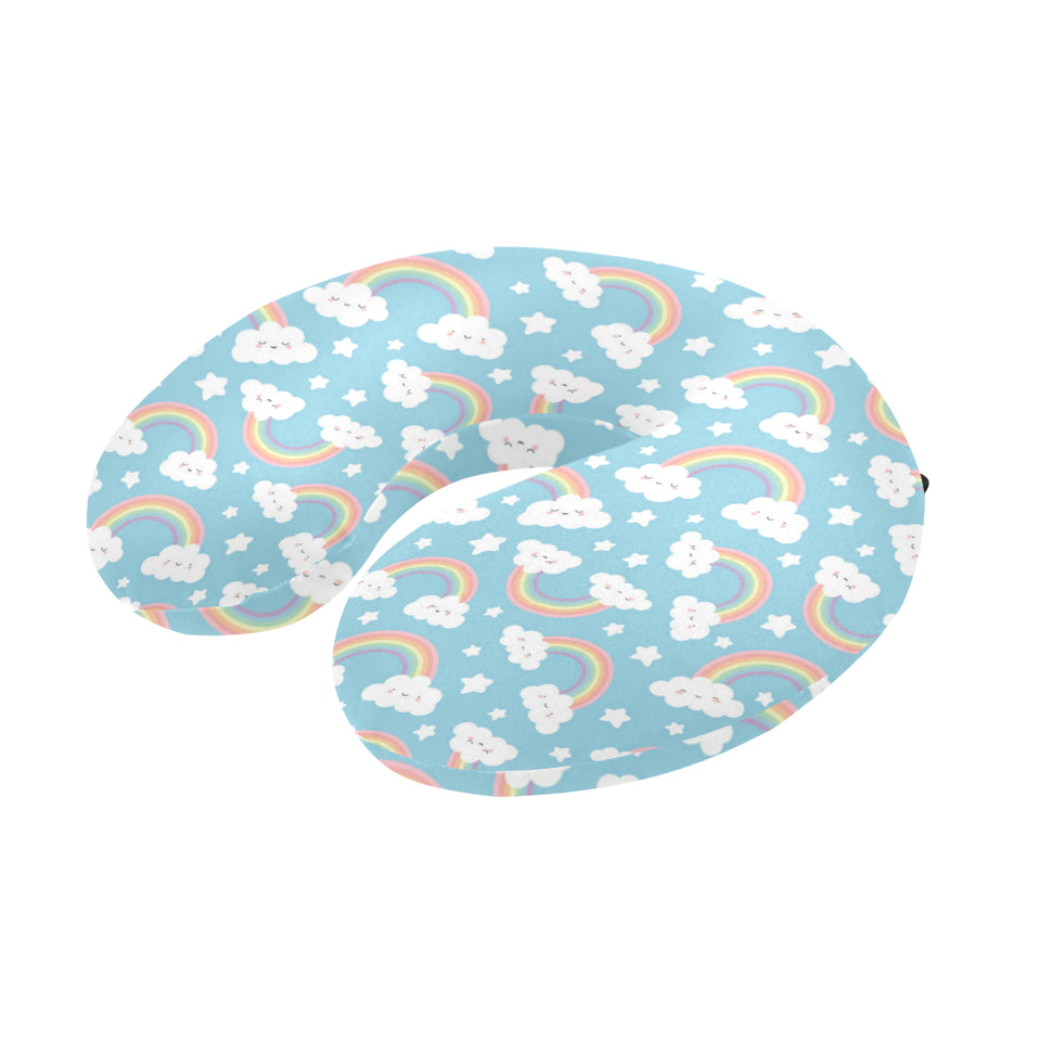 Cute rainbow clound star pattern blue background U-Shaped Travel Neck Pillow