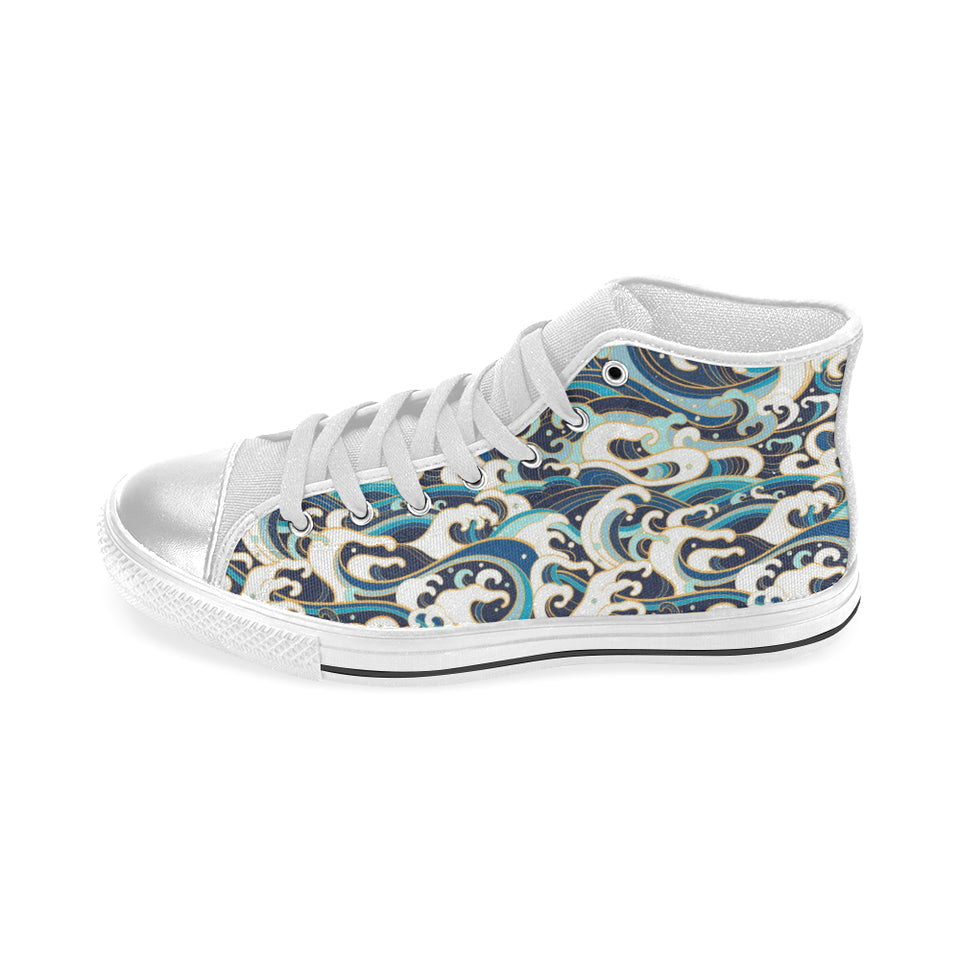 Japanese wave pattern Women's High Top Canvas Shoes White
