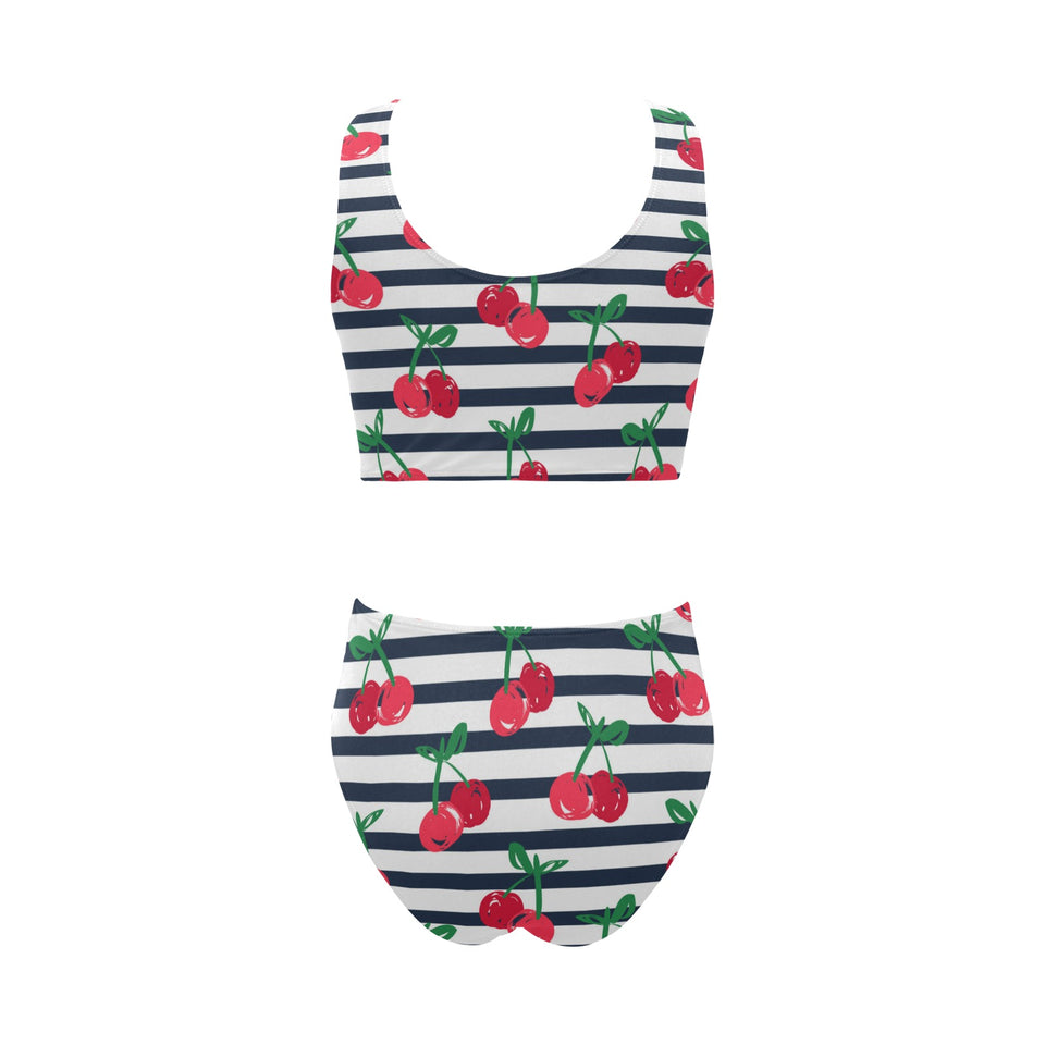 Hand drawn cherry pattern striped background Chest Bowknot High Waisted Bikini Swimsuit