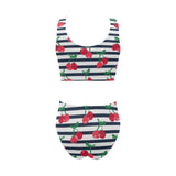 Hand drawn cherry pattern striped background Chest Bowknot High Waisted Bikini Swimsuit