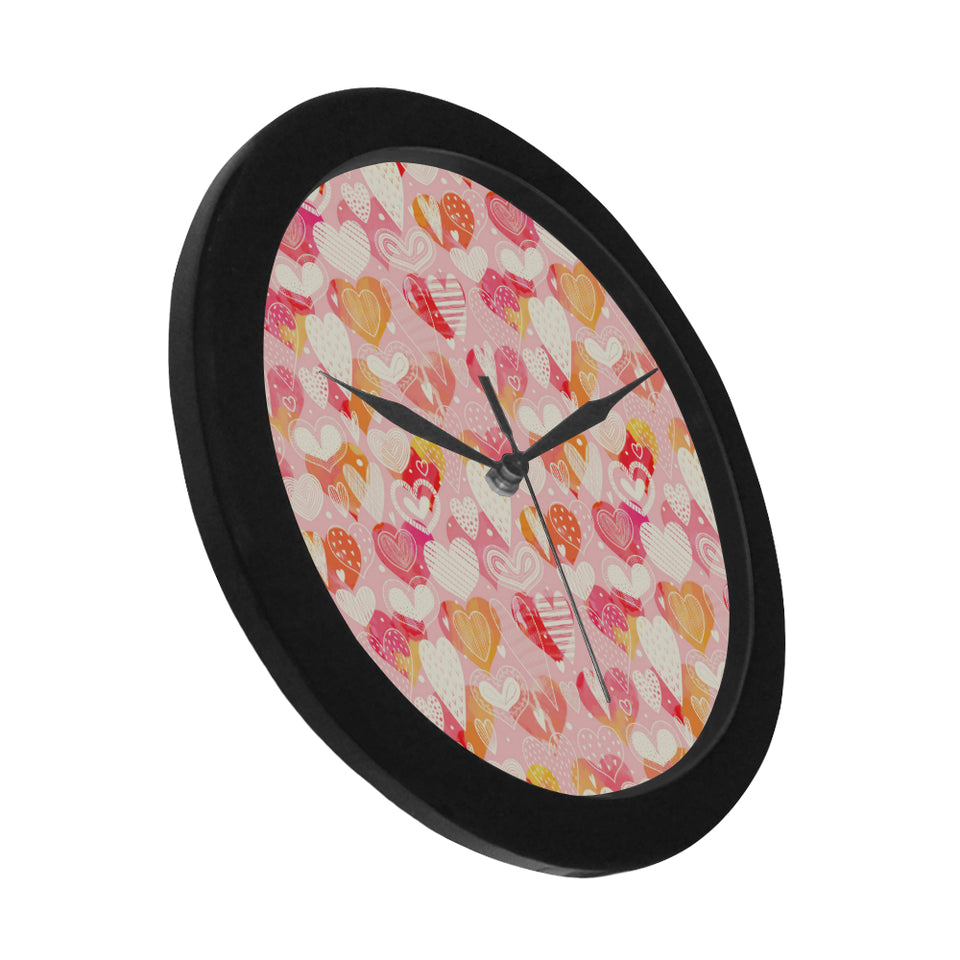 Hand drawn heart design pattern Elegant Black Wall Clock