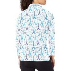 Blue Eiffel Tower Theme Pattern Print Design 01 Women's Long Sleeve Polo Shirt