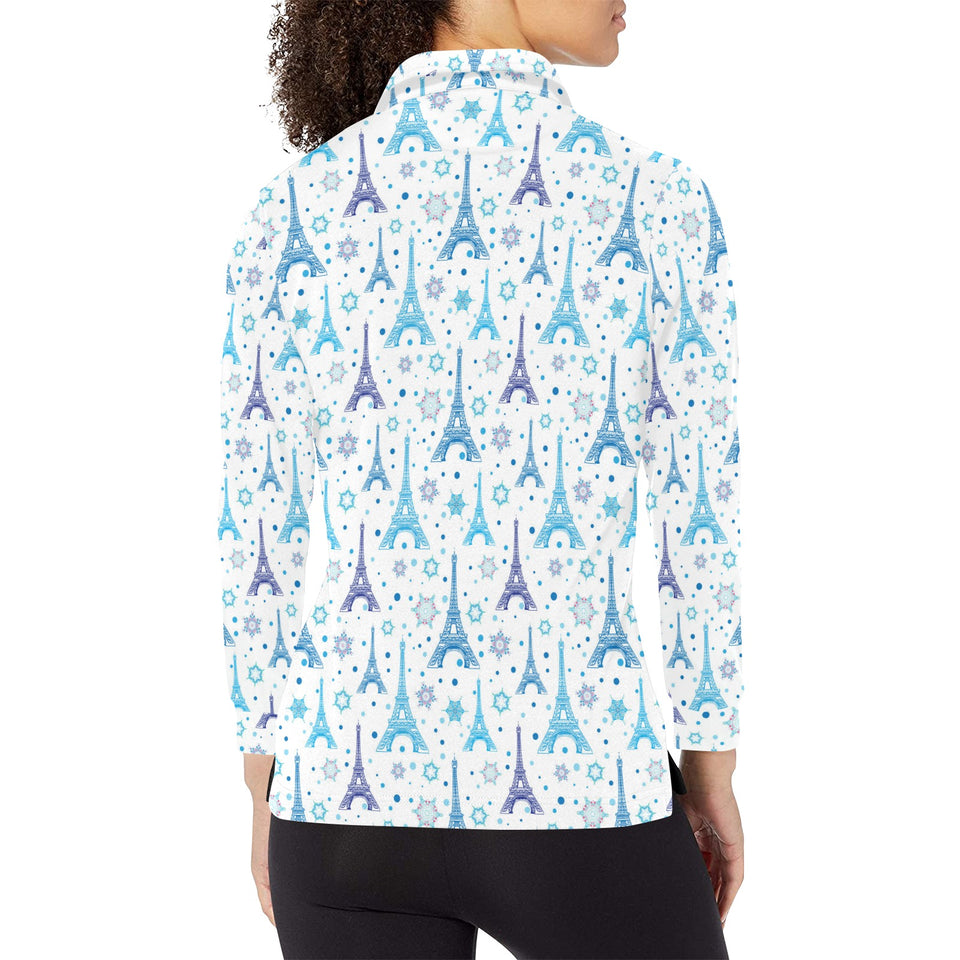 Blue Eiffel Tower Theme Pattern Print Design 01 Women's Long Sleeve Polo Shirt