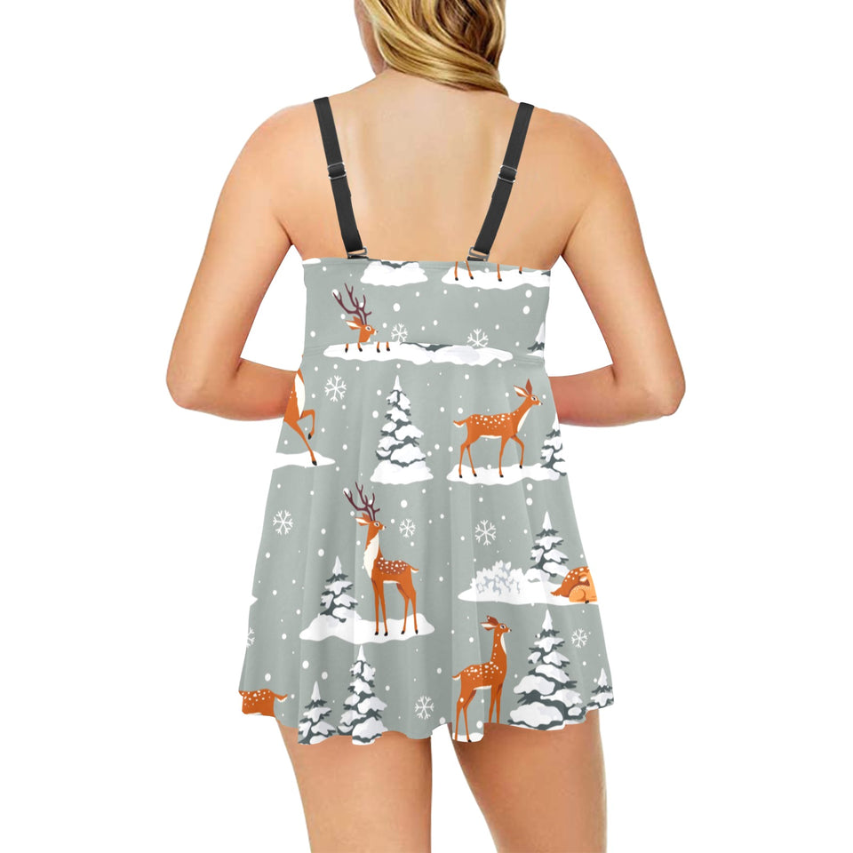 Beautiful deers Winter Christmas Chest Sexy Pleated Two Piece Swim Dress