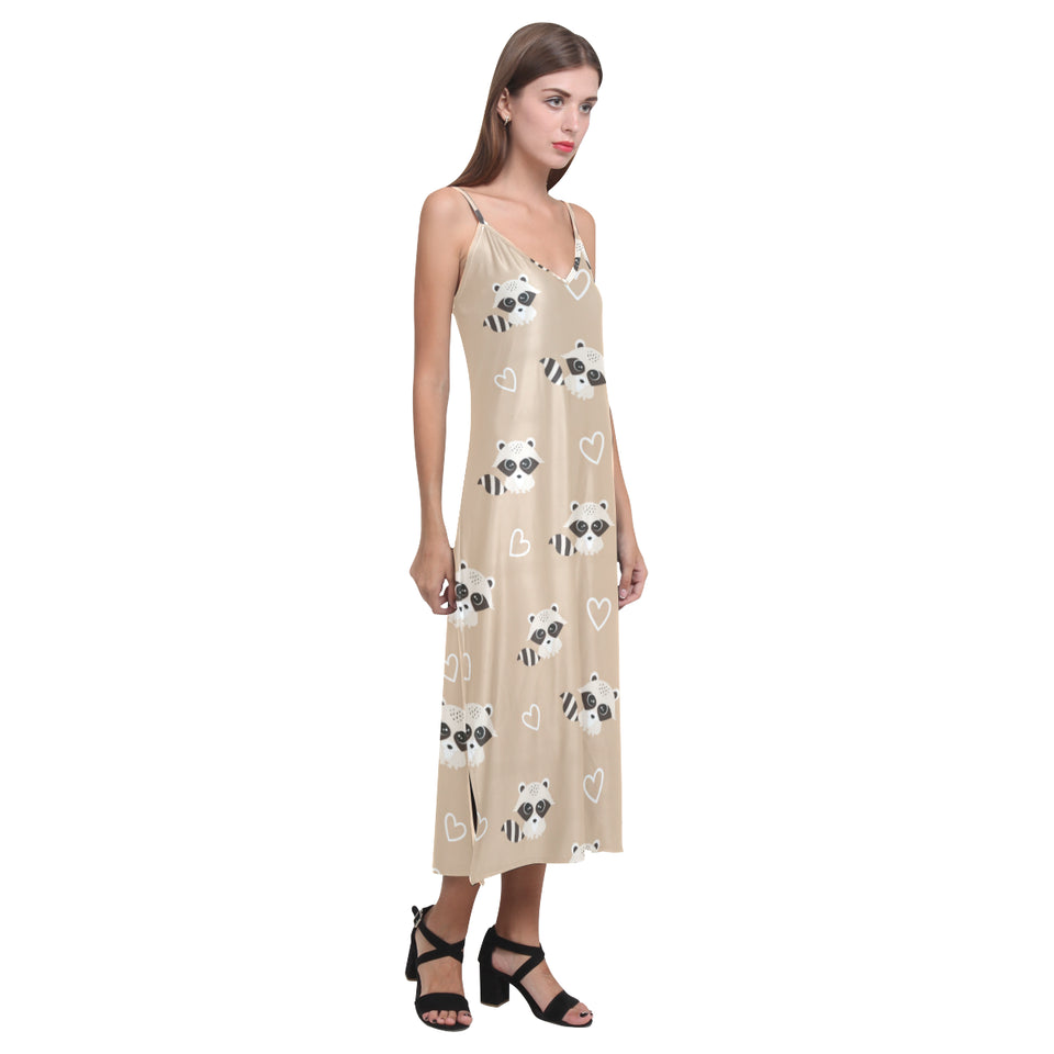 Cute raccoon heart pattern V-Neck Open Fork Long Dress