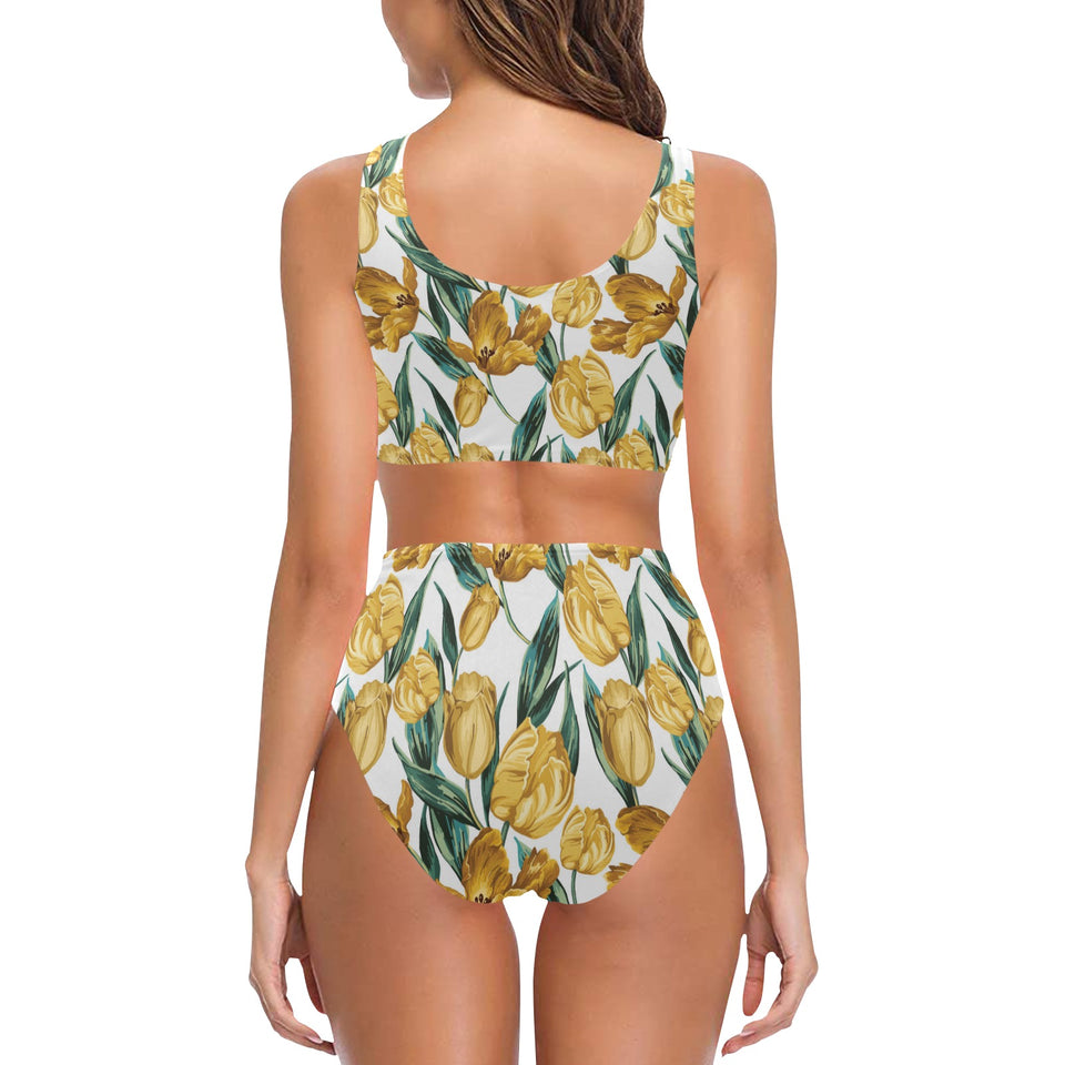 yellow tulips pattern Chest Bowknot High Waisted Bikini Swimsuit