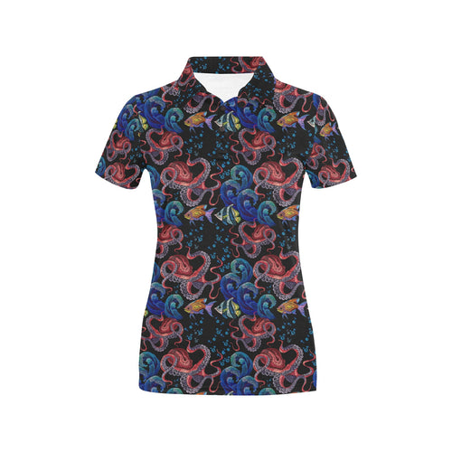 Octopus sea wave tropical fishe pattern Women's All Over Print Polo Shirt
