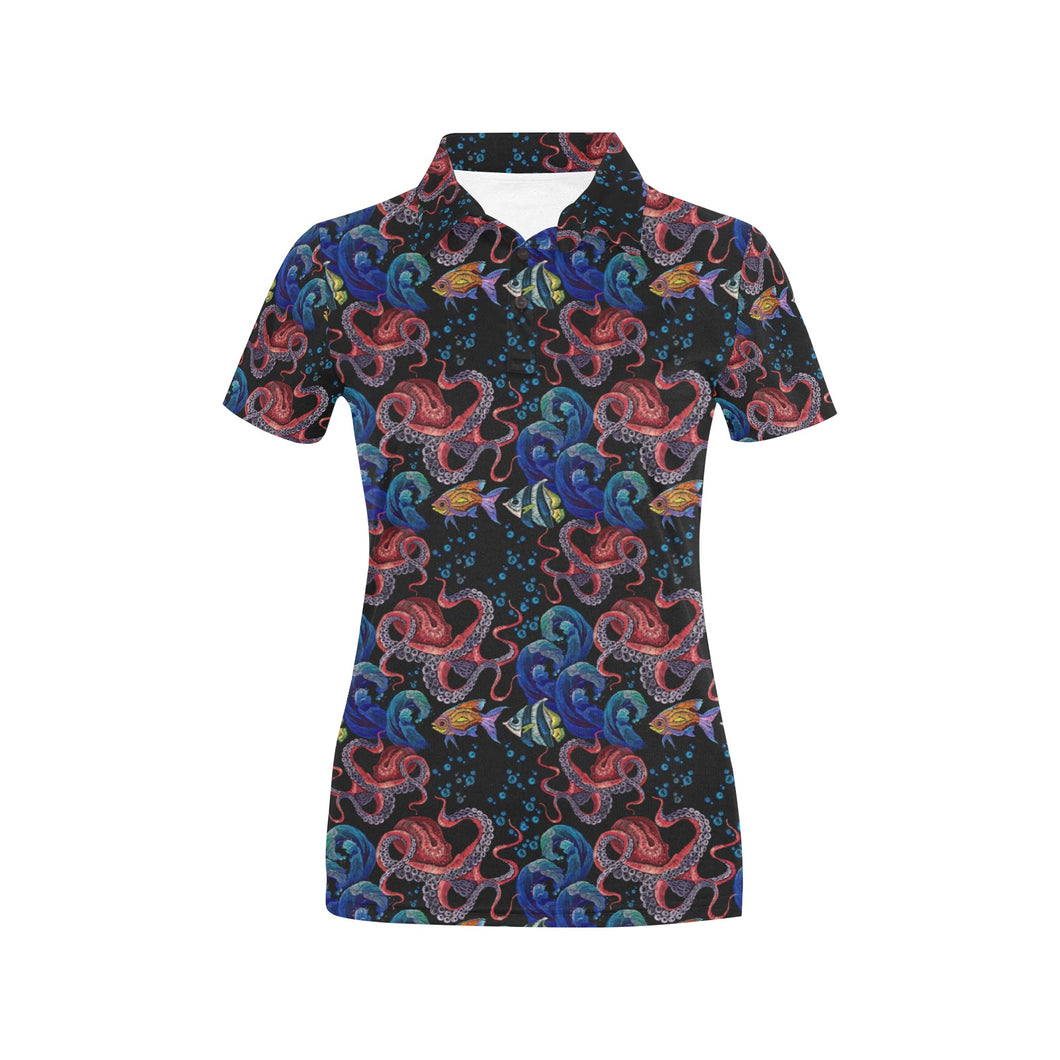 Octopus sea wave tropical fishe pattern Women's All Over Print Polo Shirt
