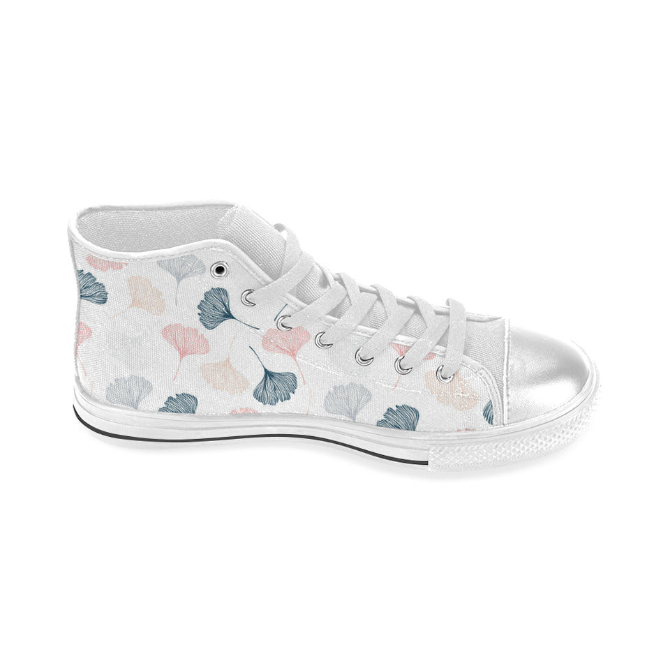 Black Gray Cream coral ginkgo leaves pattern Women's High Top Canvas Shoes White