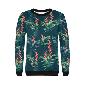 heliconia flowers, palm and monstera leaves on bla Women's Crew Neck Sweatshirt