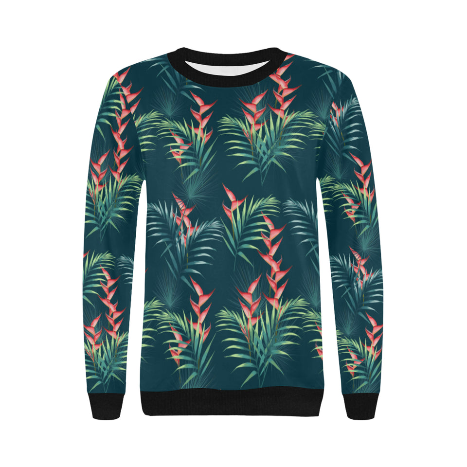 heliconia flowers, palm and monstera leaves on bla Women's Crew Neck Sweatshirt