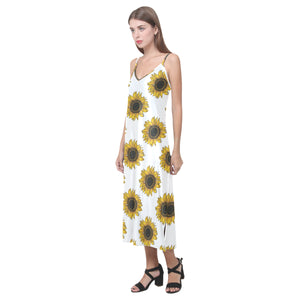sunflowers design pattern V-Neck Open Fork Long Dress