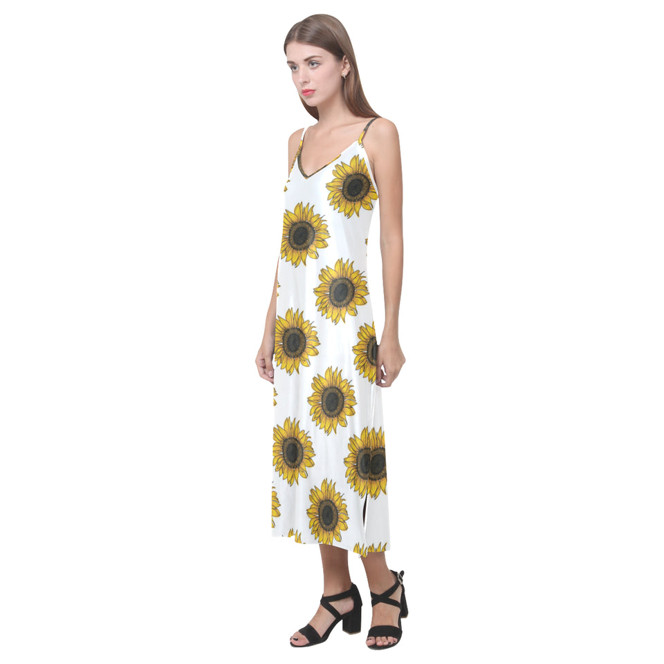 sunflowers design pattern V-Neck Open Fork Long Dress