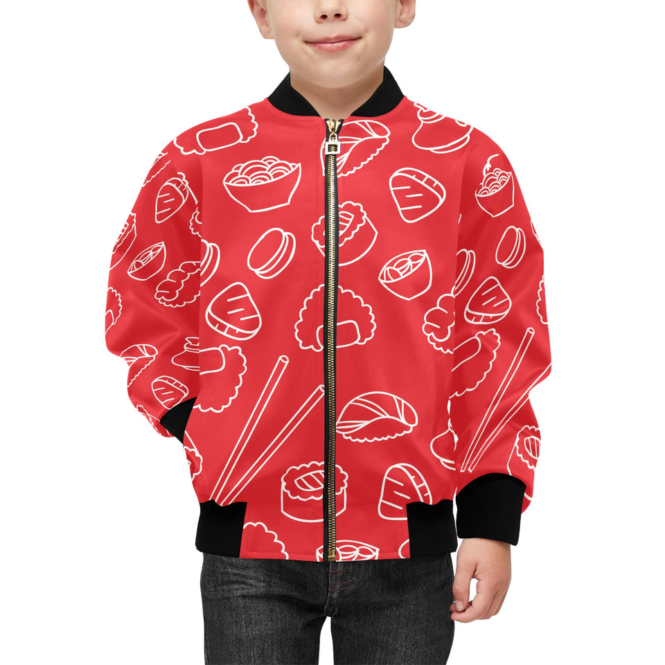 sushi pattern red background Kids' Boys' Girls' Bomber Jacket