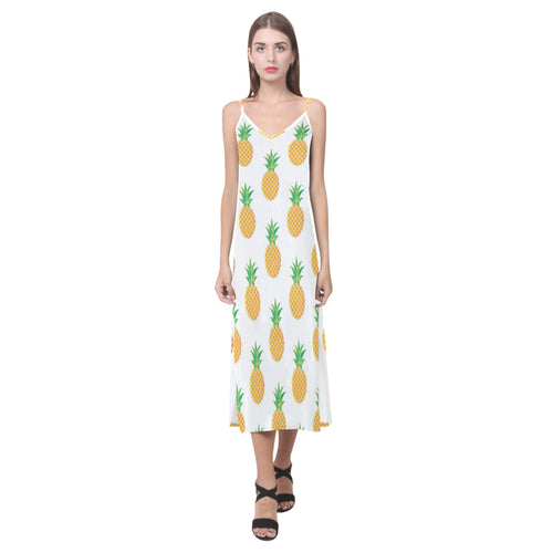 Pineapples pattern V-Neck Open Fork Long Dress