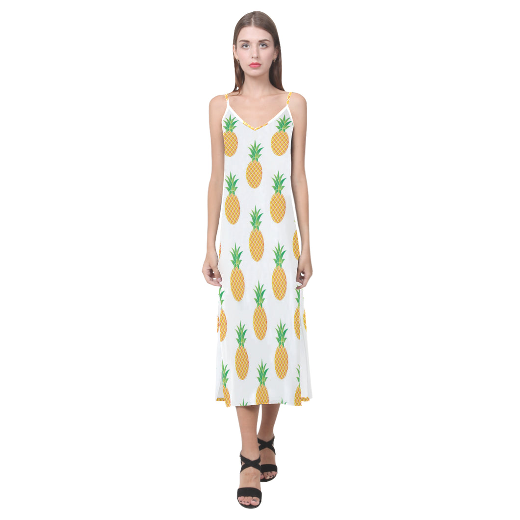 Pineapples pattern V-Neck Open Fork Long Dress