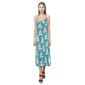 Cute sailboat pattern V-Neck Open Fork Long Dress