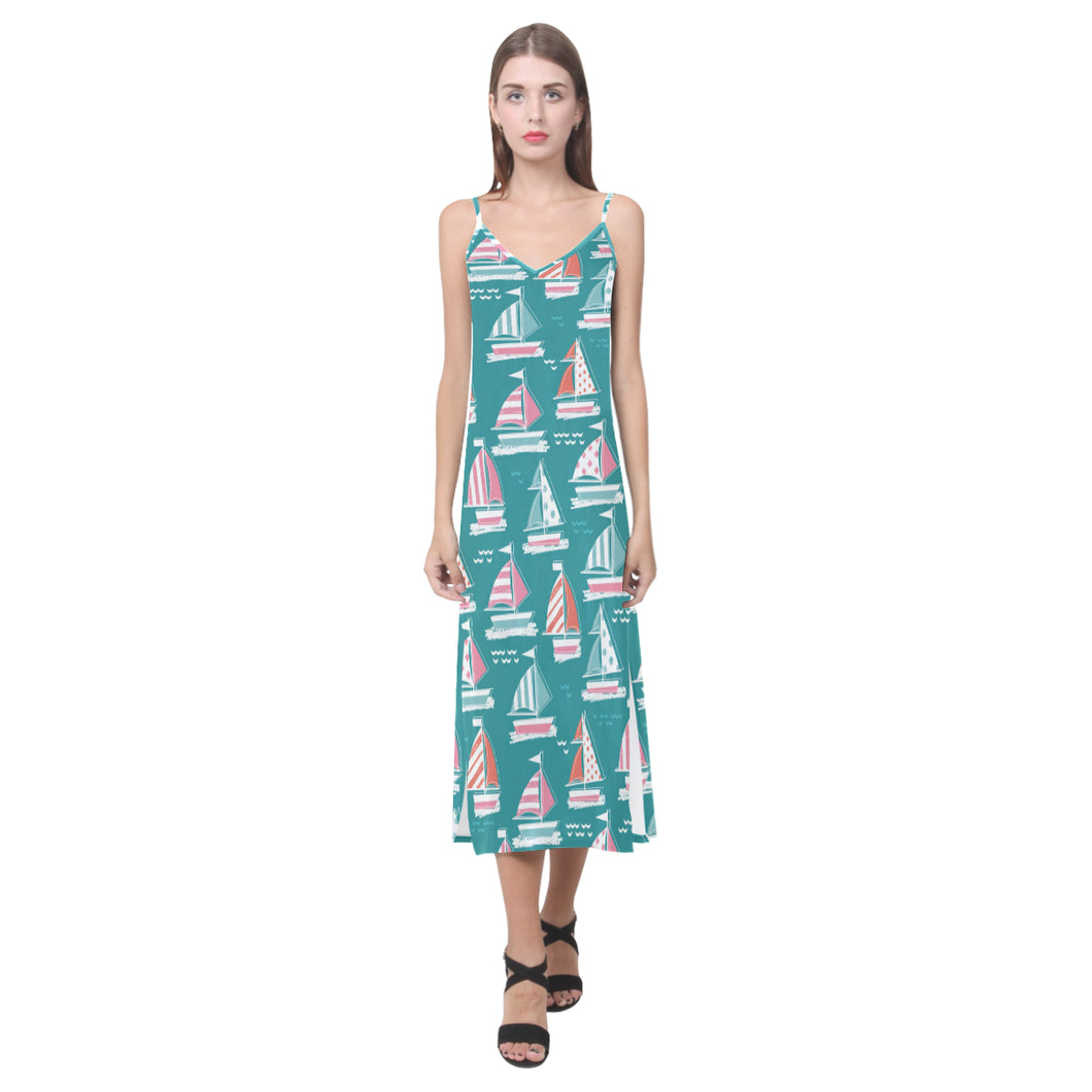 Cute sailboat pattern V-Neck Open Fork Long Dress
