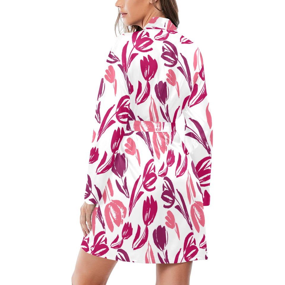 pink sketch tulip pattern Women's Long Sleeve Belted Night Robe