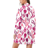 pink sketch tulip pattern Women's Long Sleeve Belted Night Robe