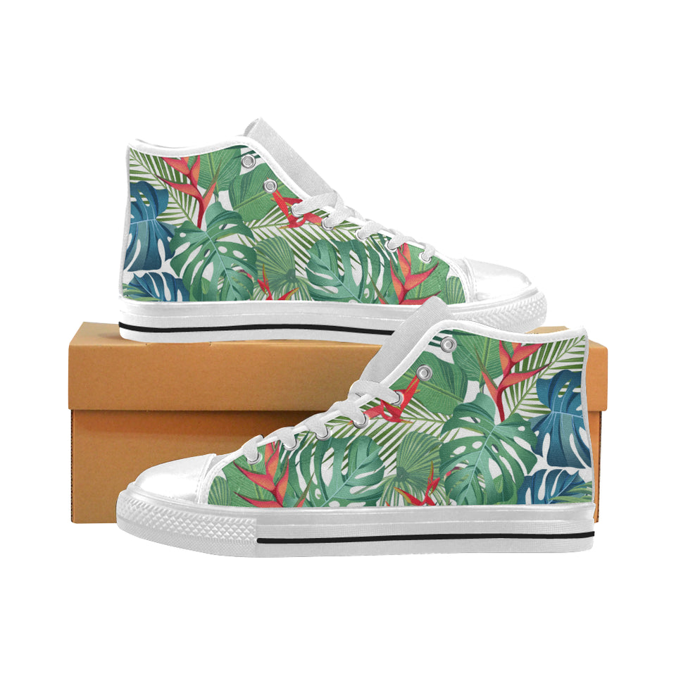 heliconia palm and monstera  leaves pattern Men's High Top Canvas Shoes White