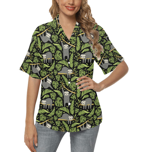 Cute sloths tropical palm leaves black background Women's All Over Print Hawaiian Shirt