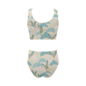 Bonsai bamboo stork japanese pattern cream theme Chest Bowknot High Waisted Bikini Swimsuit
