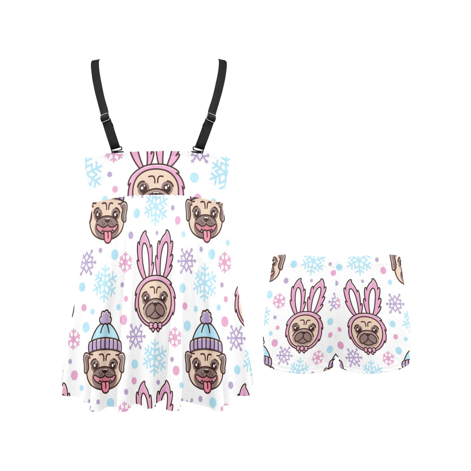 Cute pug hat rabbit costume pattern Chest Sexy Pleated Two Piece Swim Dress