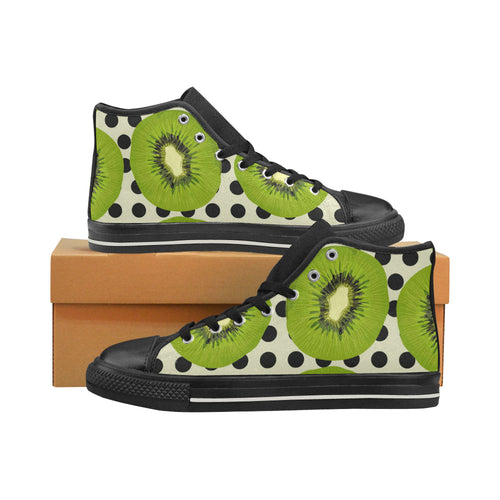 kiwi black dot background Women's High Top Canvas Shoes Black