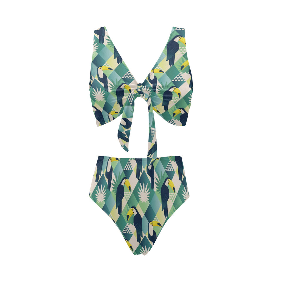 Toucan tropical leaves design pattern Chest Bowknot High Waisted Bikini Swimsuit