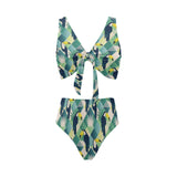 Toucan tropical leaves design pattern Chest Bowknot High Waisted Bikini Swimsuit