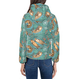 cute brown sea otters ornamental seaweed corals gr Women's Padded Hooded Jacket