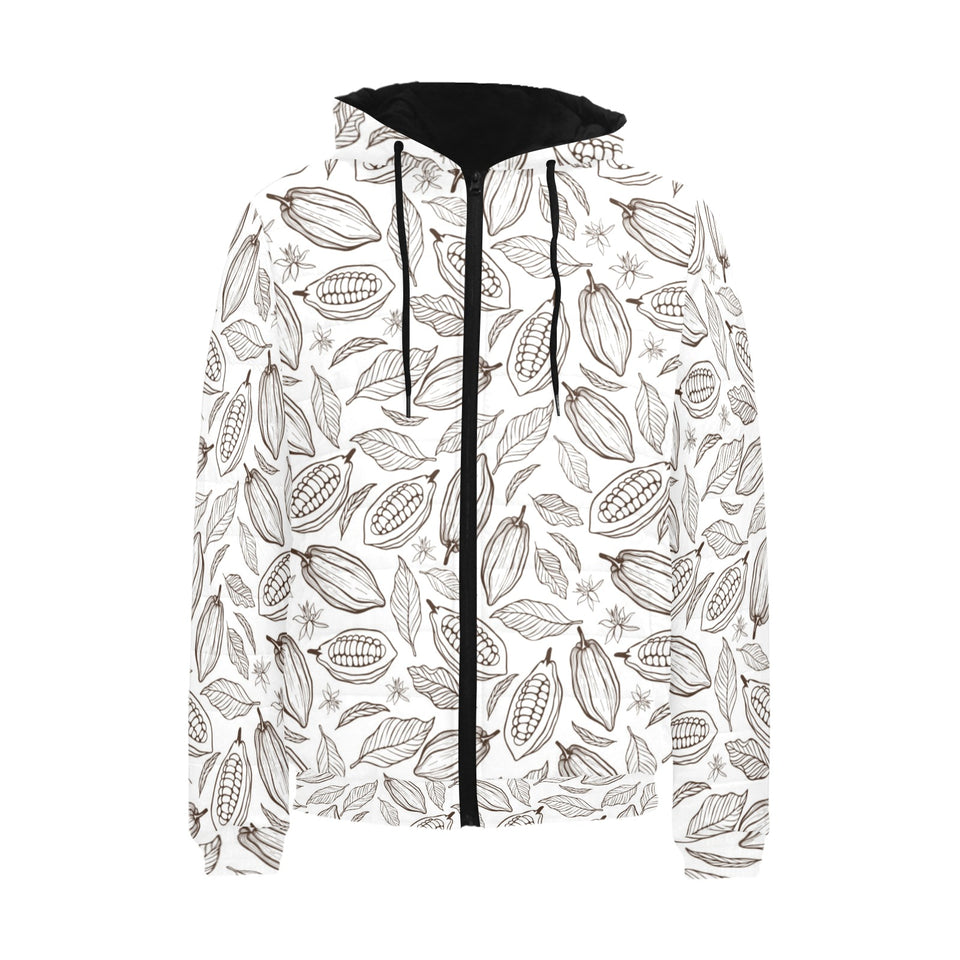cacao beans leaves pattern Men's Padded Hooded Jacket