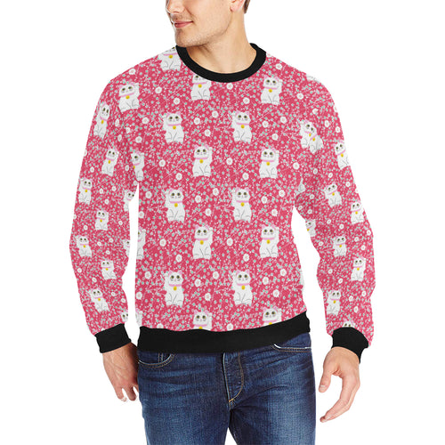 Maneki neko cat sakura pink background Men's Crew Neck Sweatshirt