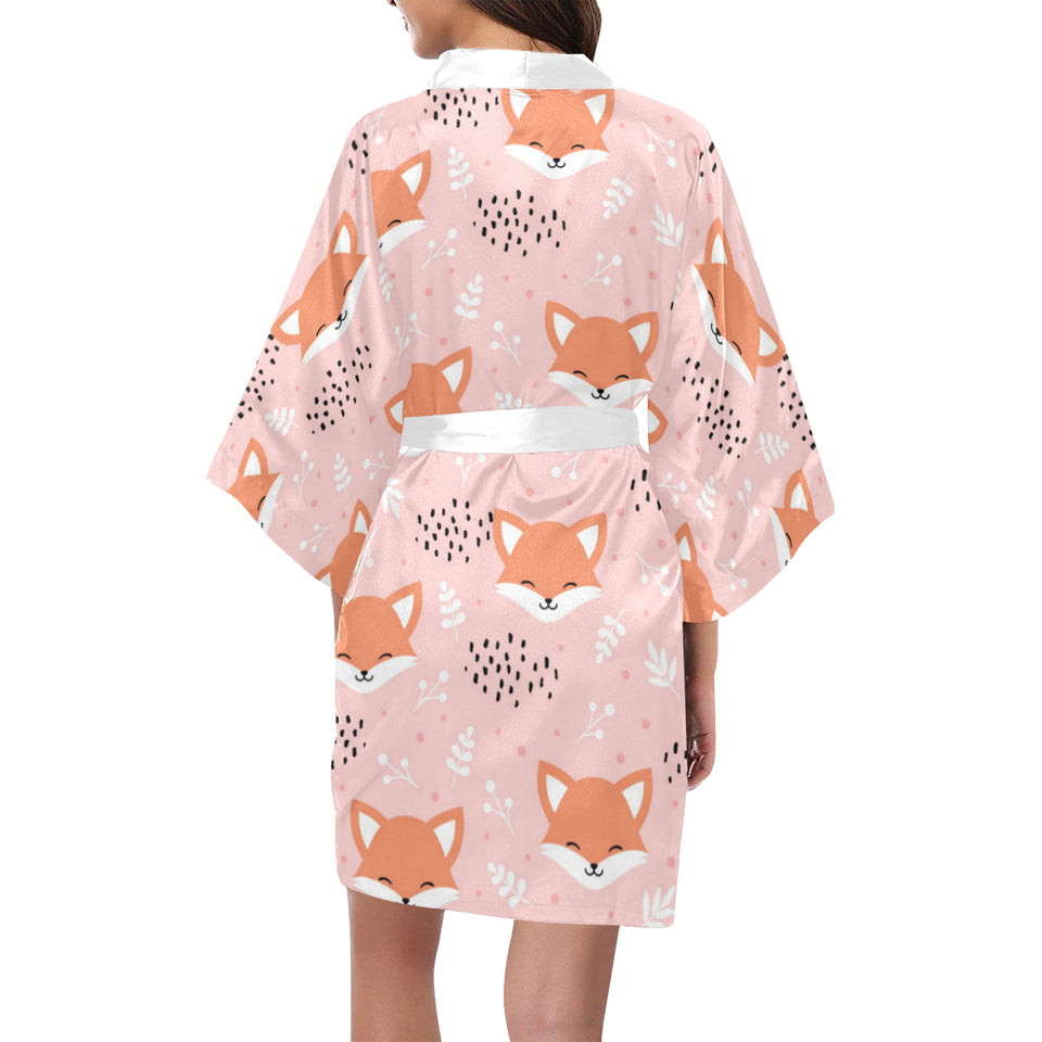 Cute fox pattern pink background Women's Short Kimono Robe