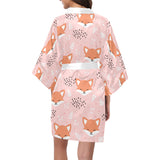 Cute fox pattern pink background Women's Short Kimono Robe