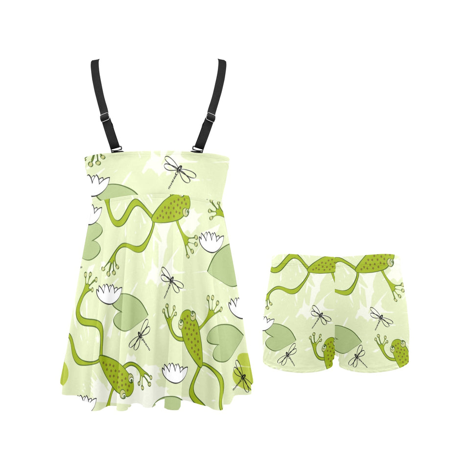 Cute frog dragonfly pattern Chest Sexy Pleated Two Piece Swim Dress