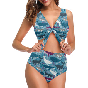 Whale design pattern Chest Bowknot High Waisted Bikini Swimsuit