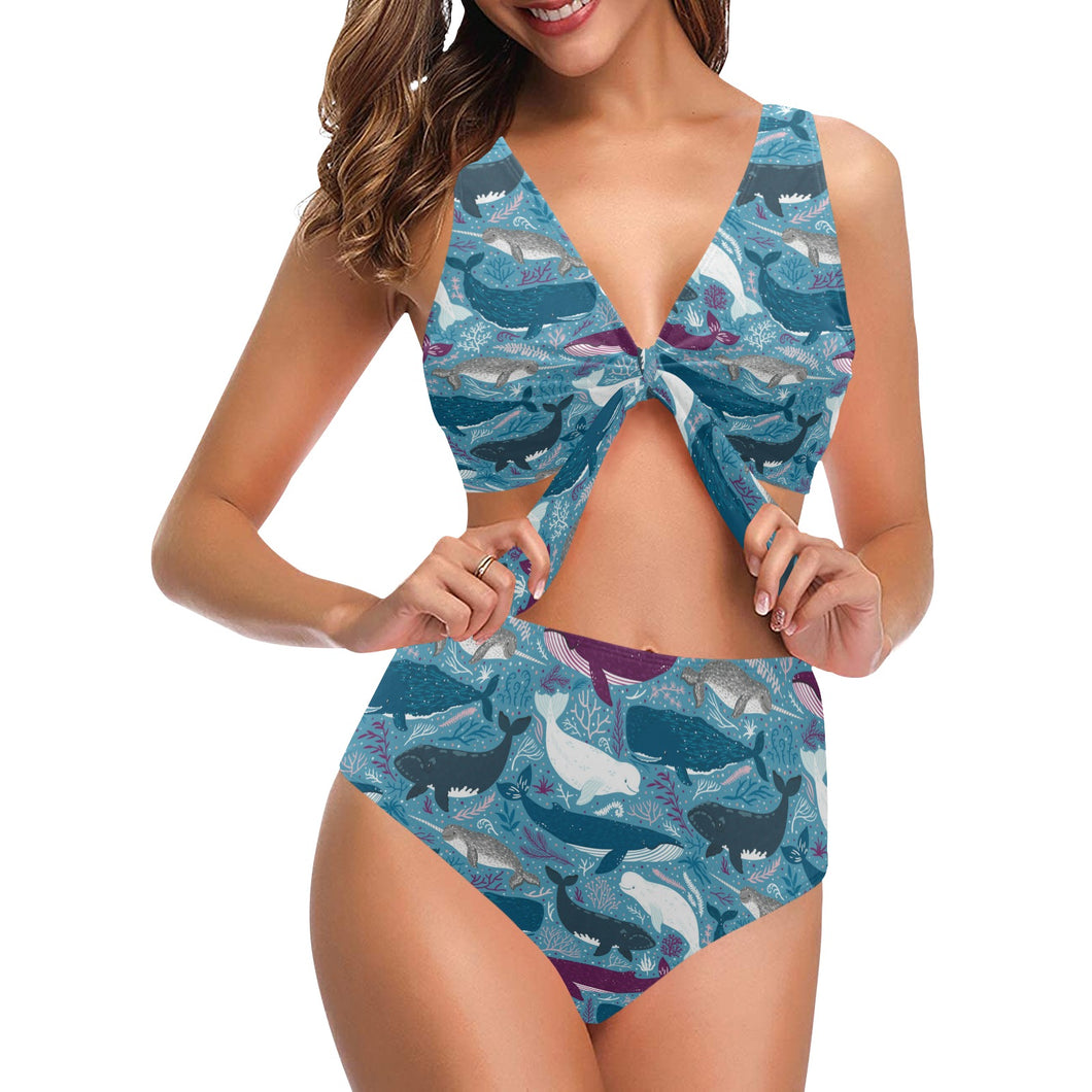 Whale design pattern Chest Bowknot High Waisted Bikini Swimsuit