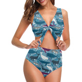 Whale design pattern Chest Bowknot High Waisted Bikini Swimsuit