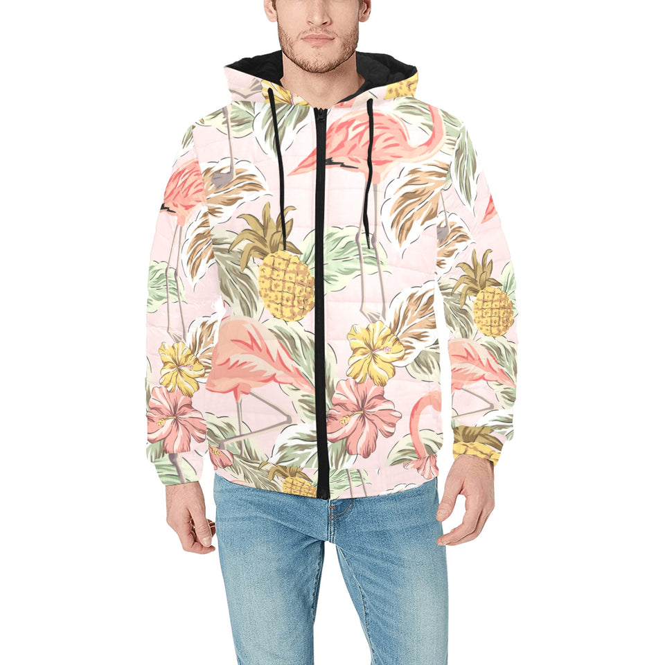 Pink flamingo birds pineapples hibiscus flower pat Men's Padded Hooded Jacket