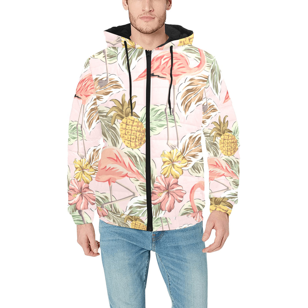 Pink flamingo birds pineapples hibiscus flower pat Men's Padded Hooded Jacket
