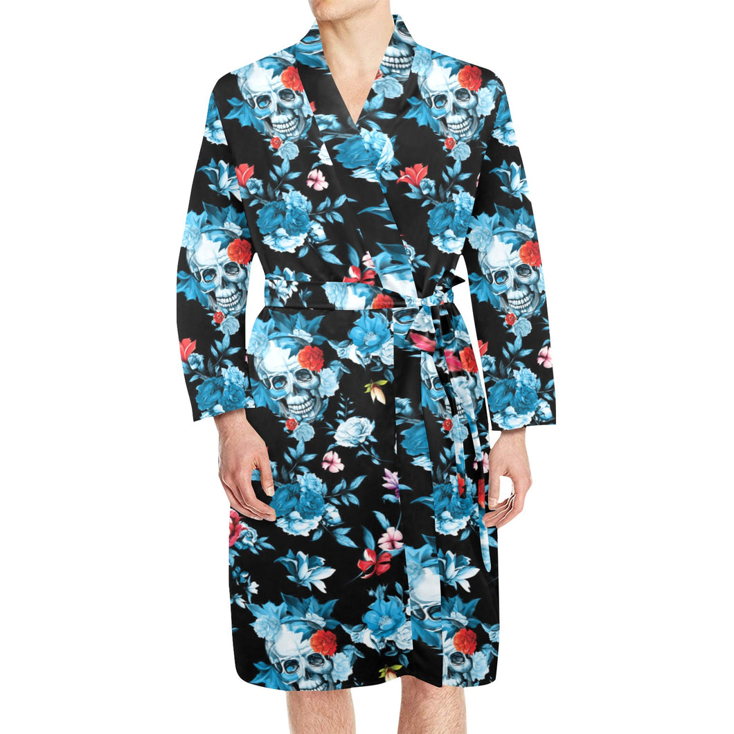 Skull flower roses leave pattern Men's Long Sleeve Belted Night Robe