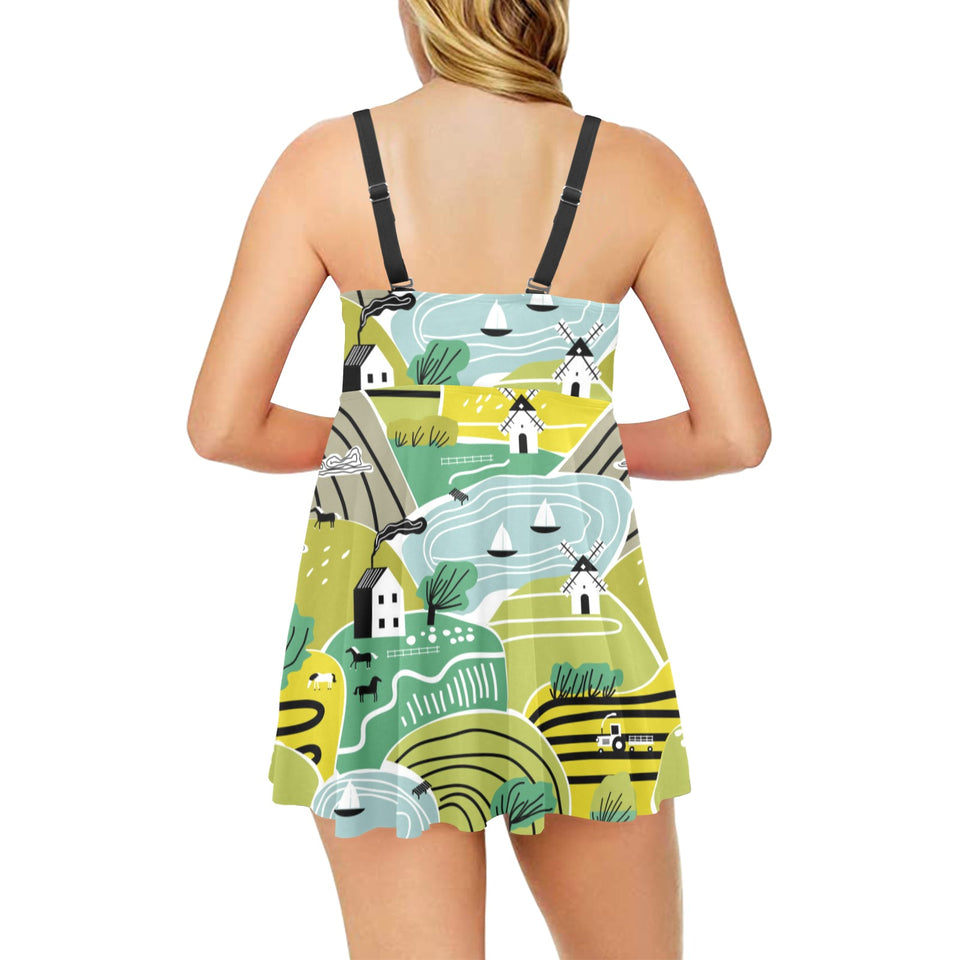 Hand drawn windmill pattern Chest Sexy Pleated Two Piece Swim Dress