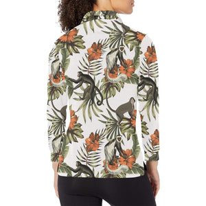 Monkey red hibiscus flower palm leaves floral patt Women's Long Sleeve Polo Shirt