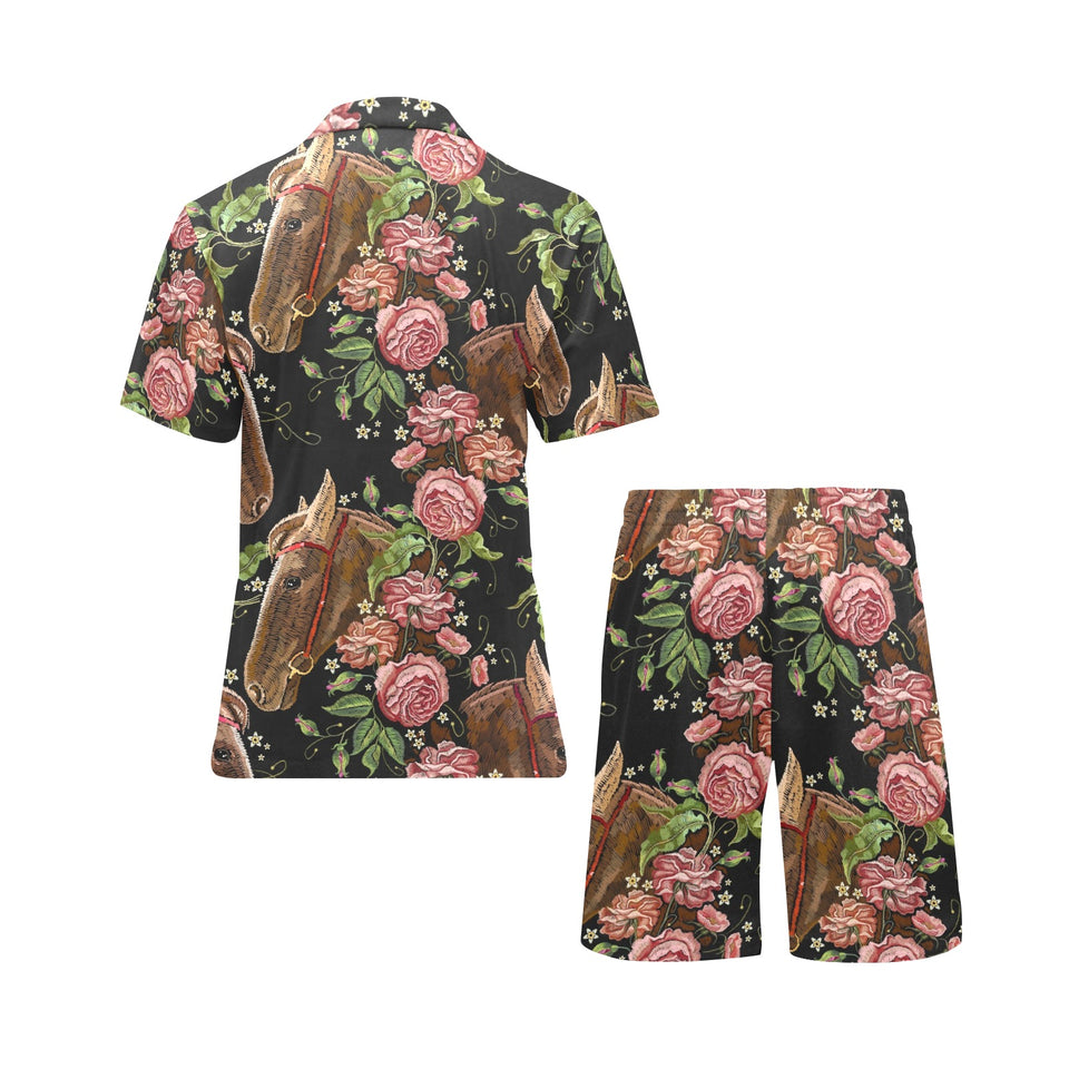 Horse head wild roses pattern Men's V-Neck Short Pajama Set